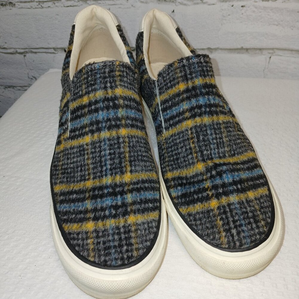 Lisa Vicky Wool Plaid Slip On Sneakers Black Gold Womens Size 7 Euc
